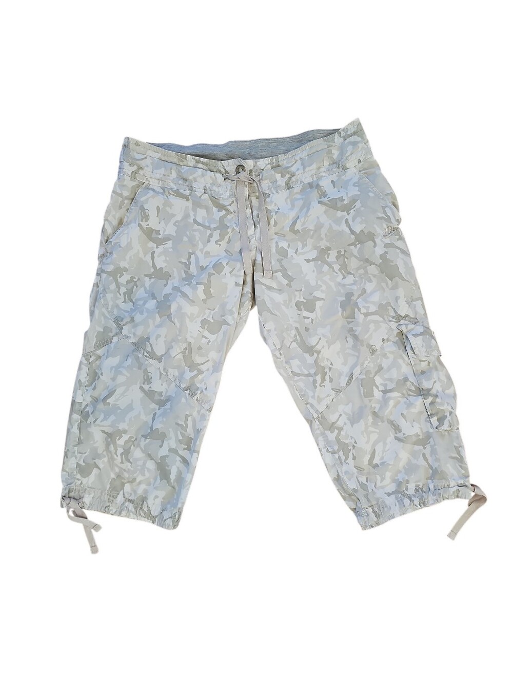 Vintage Nike Y2K Cargo Capri Pants Light Green Cream Camo Drawstring Utility M